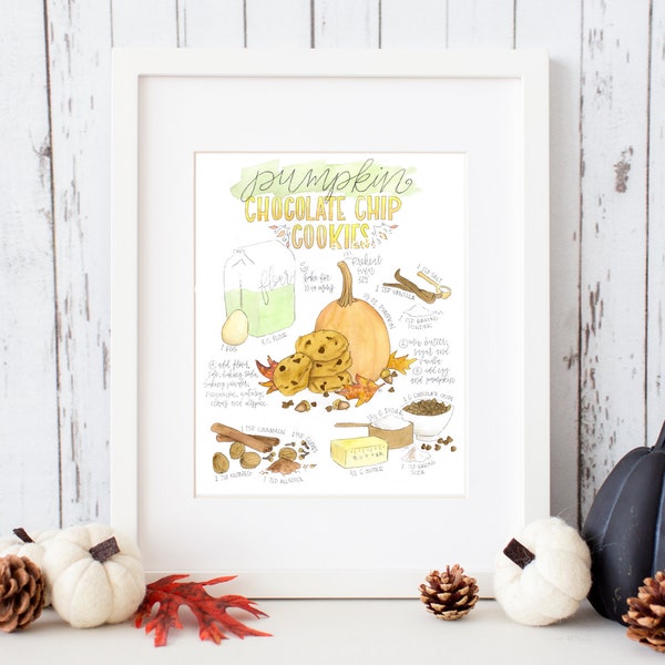 Pumpkin chocolate chip cookies watercolor recipe, illustrated recipe, fall kitchen decor