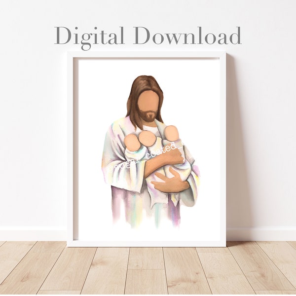 Triplets with Christ Digital Download, fair skin, printable babies with Jesus, miscarriage, infant loss, nursery art