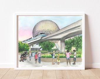 Watercolor Print | World Showcase watercolor artwork | theme park print | Florida park | Happiest place on earth | Spaceship Earth