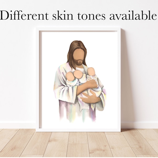 Christ holding three babies, Jesus holding triplets, new babies watercolor, triplet mom, miscarriage art, nursery artwork, Angel babies