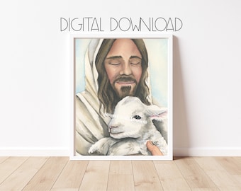 Watercolor Print | Jesus Christ Digital Download | Christ with Lamb |Easter Printable | Jesus Painting | Bible Artwork | Jesus holding sheep