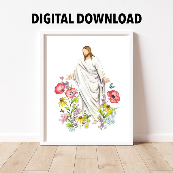 Jesus Christ in flowers, Easter Jesus Christ, Christian Art, Easter Digital download, Christian printable, Blooming in His Light, baptism