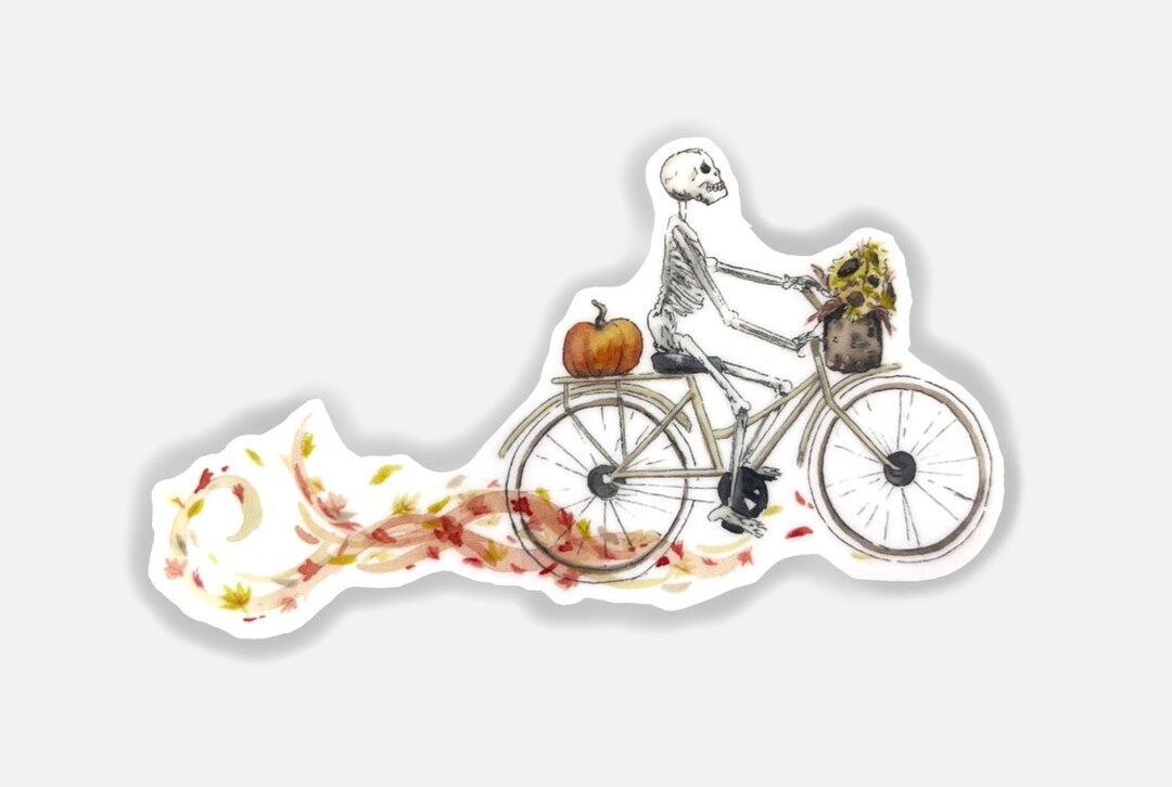Skeleton Ride Decal Skeleton Sticker Skeleton Riding a Bike Cute Fall Sticker Autumn Vinyl ...