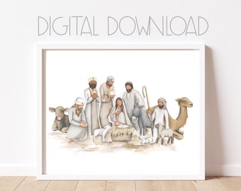 Nativity Watercolor Digital Download | Neutral Nativity Painting | Mary and Joseph | Baby Jesus Picture | Christ Child Printable