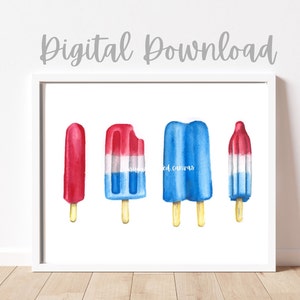 USA popsicles watercolor Digital download, Fourth of July decor, American artwork