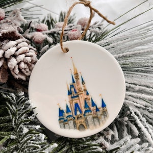 Castle Christmas watercolor ceramic ornament, Disney Christmas, Cinderella castle