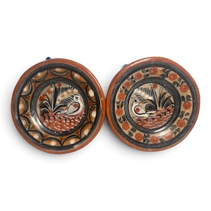 May include: Two round ceramic plates featuring hand-painted designs of a bird in the center. The plates have a terracotta-colored rim, a black inner ring, and a central motif of a bird surrounded by foliage in shades of brown, black, and white.