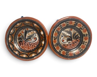 Vintage Mexican Folk Art Pottery Bird Plates 6 Inch Signed Pair 1970s Decor
