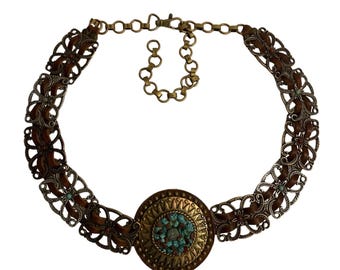 LeatherRock Leather Bronze & Turquoise Belt - Bohemian Luxe Western Adjusts M/L