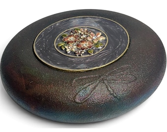 Art Raku Pottery Iridescent Dragonfly Trinket Box Jeweled Enamel Lid Signed Wood
