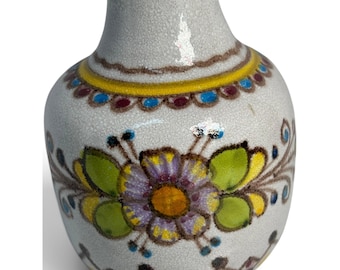 Vintage Mexican Pottery Vase Signed Tirso Hand Painted Flower Crackle Glaze 5.5"