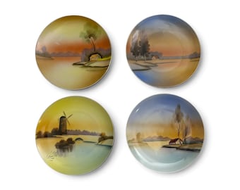 Vintage 1920s 1930s Meito China Hand Painted Japanese Landscape Plates 6.5" Set 4