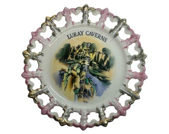 1960s Luray Caverns VA Souvenir Plate Reticulated Lace Edge Hand Painted 8" VTG.