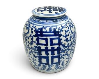 Antique Chinese Blue White Double Happiness Ginger Jar Covered Lid 19th C 8”
