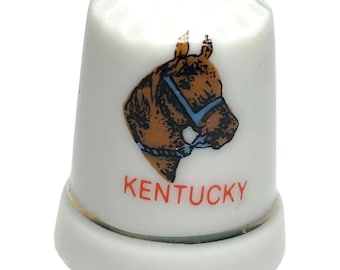 Vintage Kentucky Porcelain Thimble Thoroughbred Horse Head Graphic Gold Rim