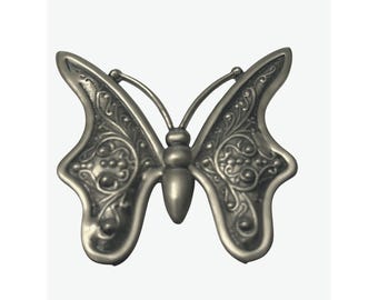 Broche papillon vintage argentée avec détails gravés complexes 2,25 pouces