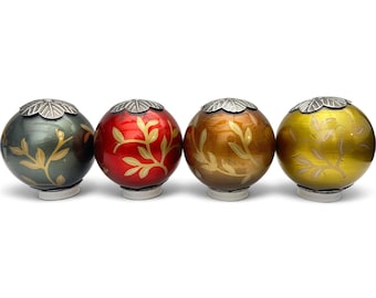 4 Vintage Glass Foil Spheres Orbs Leaves Metal Caps Holiday Christmas Table Decor