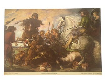 Rubens Fox and Wolf Hunt Print, 1937 Vintage Hunting Art
