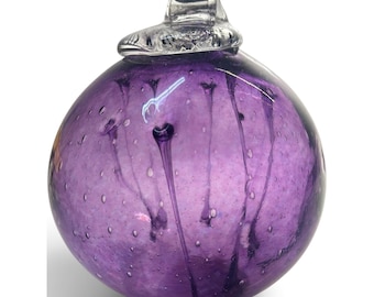 5" Hand-blown purple glass orb ornament internal glass tendrils/strings & bubbles