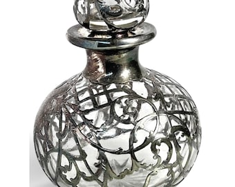 Antique Art Nouveau Sterling Silver Overlay Glass Perfume Bottle Monogram 1900s