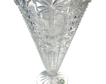 Vintage Hofbauer Byrdes Lead Crystal Vase: Etched Birds, West Germany, 9", With Label
