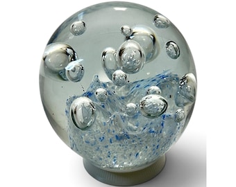 Vintage Hand Blown Blue White Controlled Bubble Mountain Art Glass Paperweight 3.3"