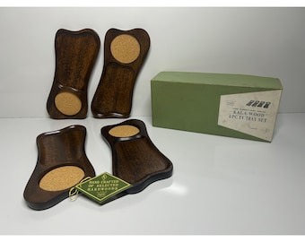 Imperial Japan Hand-Carved Kala-Wood 4-Piece TV Tray Set Cork Insets VTG MCM New