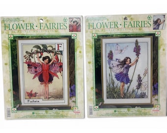 Vintage Flower Fairies Cross Stitch Kits Set Fuchsia & Lavender Fairy 1997