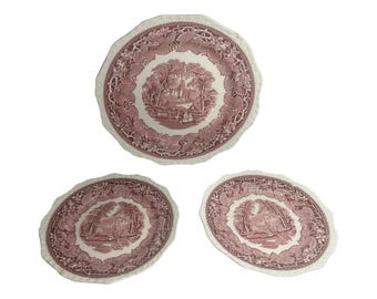 Johnson Brothers Old Britain Castles Pink/Red Transferware Plates Set Of 3 1950s
