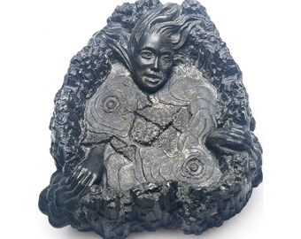 Cendrier/vide-poches Coco Joe's Hawaii Lava, sculpté en relief, représentant Pelé, déesse hawaïenne du feu, en lave noire, vintage 1964
