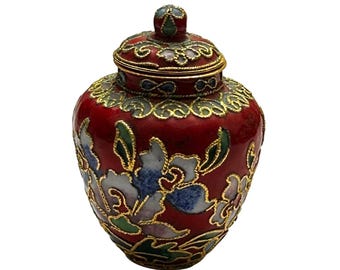 Petit pot à bijoux miniature rouge cloisonné avec couvercle, émail floral doré, fil métallique, 5,7 cm (2,25 po).