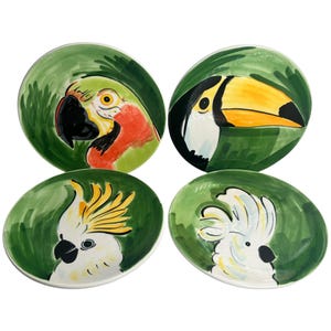 May include: A set of four round ceramic plates featuring hand-painted tropical bird portraits. The designs include a green and red parrot, a toucan with a yellow beak, and two white cockatoos with yellow crests, all set against a green background.