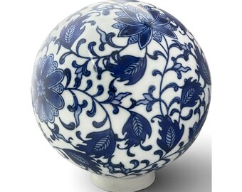 Large Blue White Porcelain Carpet Ball Decorative Orb Chinoiserie 4.8" w Stand