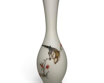 Vintage Frosted Satin Glass 10" Bud Vase Bird Cherry Blossom Floral Gold Rim Decor