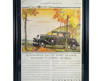 1931 Oldsmobile Coupe Framed Ad Saturday Evening Post Art Deco Car Poster VTG.