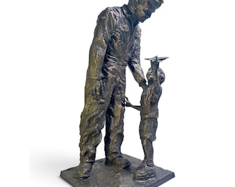 Vintage Bronze Air Force Pilot & Boy W Toy Airplane Statue Heavy Sculpture 17"