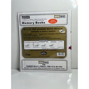 May include: A package of Pioneer Memory Books refill pages, model RW-85, featuring 8.5 by 11 inch top-loading white sheets. The clear plastic packaging displays product information, directions for post-bound or 3-ring binders, and states the contents include 10 pages and 5 sheets.