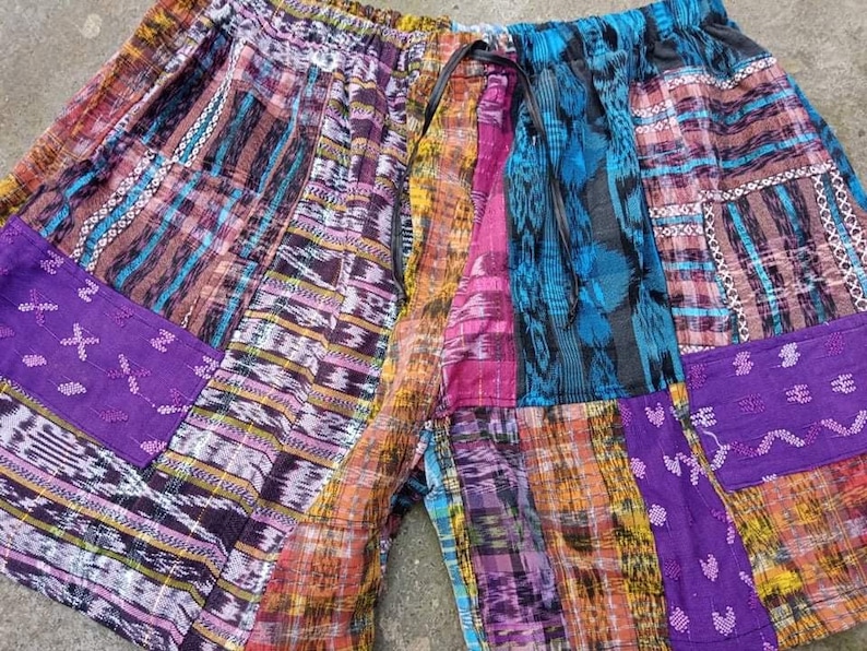 Guatemalan Ethnic Vintage Textiles Fabric Mayan Drawstring Waist Capris ShortsHuipil Corte LXL