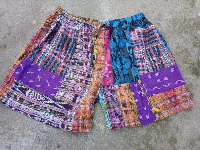 Guatemalan Ethnic Vintage Textiles Fabric Mayan Drawstring Waist Capris ShortsHuipil Corte LXL