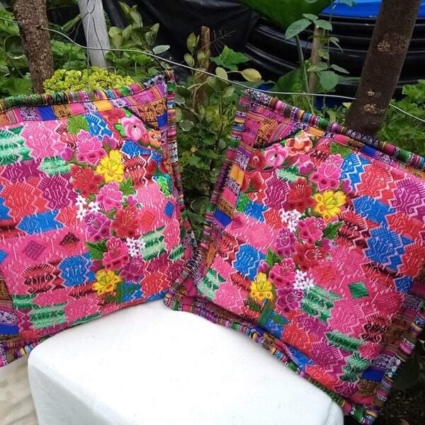 Vintage Guatemalan Hand Embroidered Ethnic Mayan Huipil Set of 2 Hand Woven Hand Embroidered Matching Throw Pillow  Covers