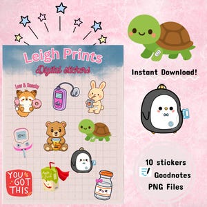 May include: A sheet of digital stickers featuring cute cartoon animals and objects, including a fox with a donut, a bunny with juice, a bear with a drink, a turtle, and a penguin. The sheet also includes the text "Leigh Prints Digital Stickers" and "You Got This".