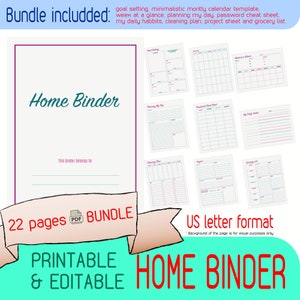Home Binder PRINTABLE, Goal setting, Minimalistic calendar, Week At A Glance, Planning My Day, Password Cheat Sheet, Cleaning Plan, EDITABLE