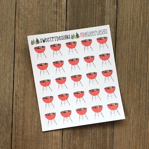 May include: A sheet of 36 red and black grill stickers with a white background. The stickers feature a cartoon illustration of a grill with food cooking on it. The text "SWEETTTDESIGNS" and "@sweetttdesigns" is printed on the sheet.