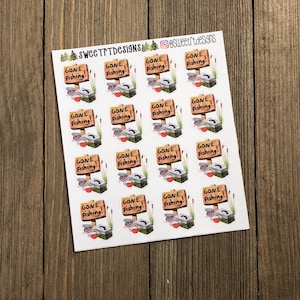 May include: A sheet of 16 stickers featuring a cartoon illustration of a wooden sign with the text "Gone Fishing!"  The sign is surrounded by green reeds and a fishing tackle box. The stickers are printed on white paper.