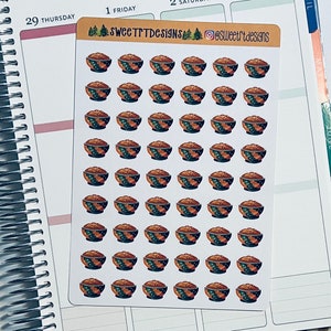 May include: A sheet of 36 brown and green patterned bowl stickers. The stickers are arranged in 6 rows of 6. The stickers are perfect for adding a touch of whimsy to your planner or journal.