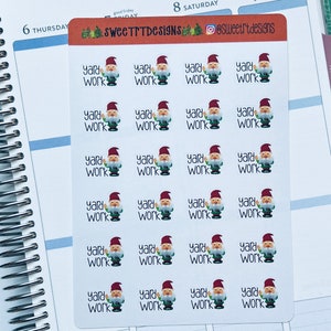 May include: A sheet of 24 stickers featuring a cartoon gnome holding a rake with the text "yard work" on each sticker. The stickers are on a white background.