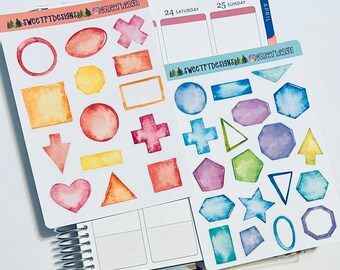 Watercolor 2 Pages of Shapes Planner Stickers