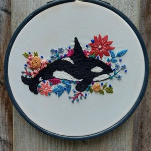 Orca with florals, FINISHED embroidery hoop
