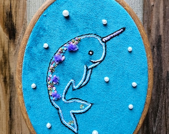Narwhal, FINISHED embroidery hoop