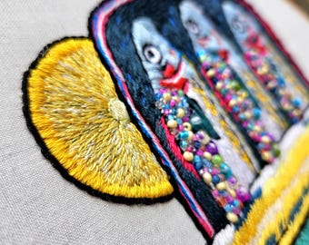 Sardines, FINISHED embroidery hoop